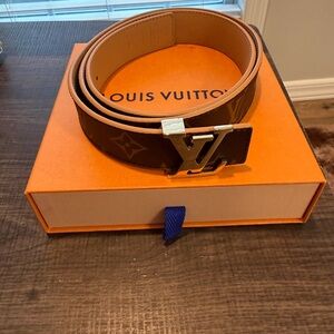 Louis Vuitton Monogram Canvas Belt with Silver LV Buckle and Beige Interior
